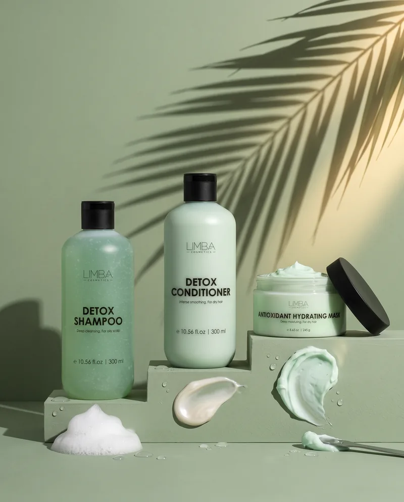 Limba Detox routine: Detox Shampoo, Detox Conditioner and Antioxidant Hydrating Mask on sage steps with foam, cream and mask textures
