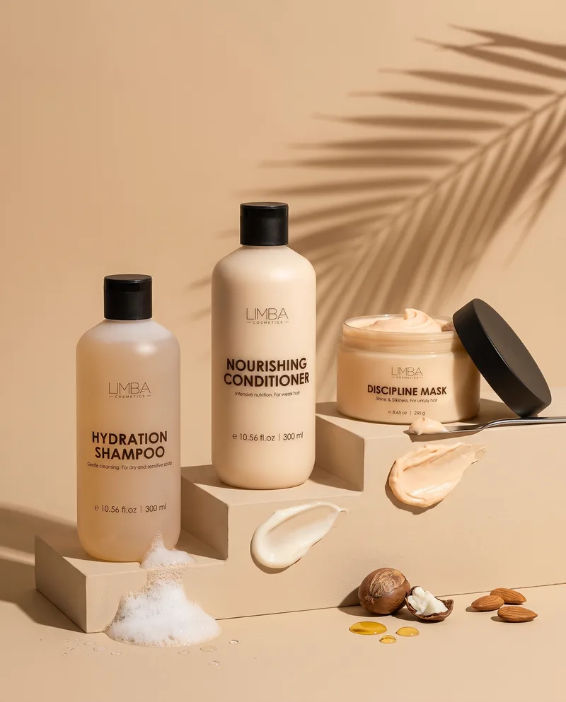 Limba Hydration routine: Hydration Shampoo, Nourishing Conditioner and Discipline Mask on sand-colored steps with foam, cream textures, shea nuts and almonds