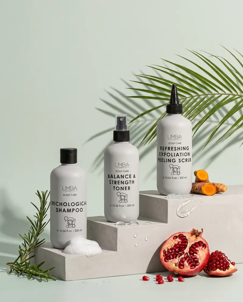 Limba scalp care routine: Trichological Shampoo, Balance & Strength Toner and Refreshing Exfoliation Peeling Scrub on stone steps with rosemary, turmeric and pomegranate