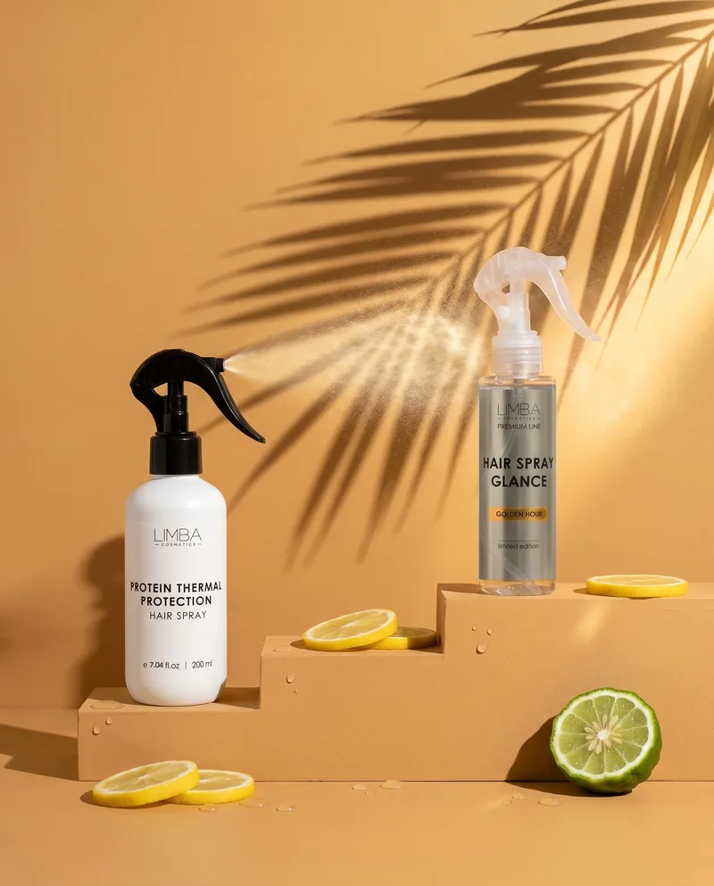 Limba scent routine: Protein Thermal Protection spray and Hair Spray Glance Golden Hour on amber steps with lemon slices and bergamot