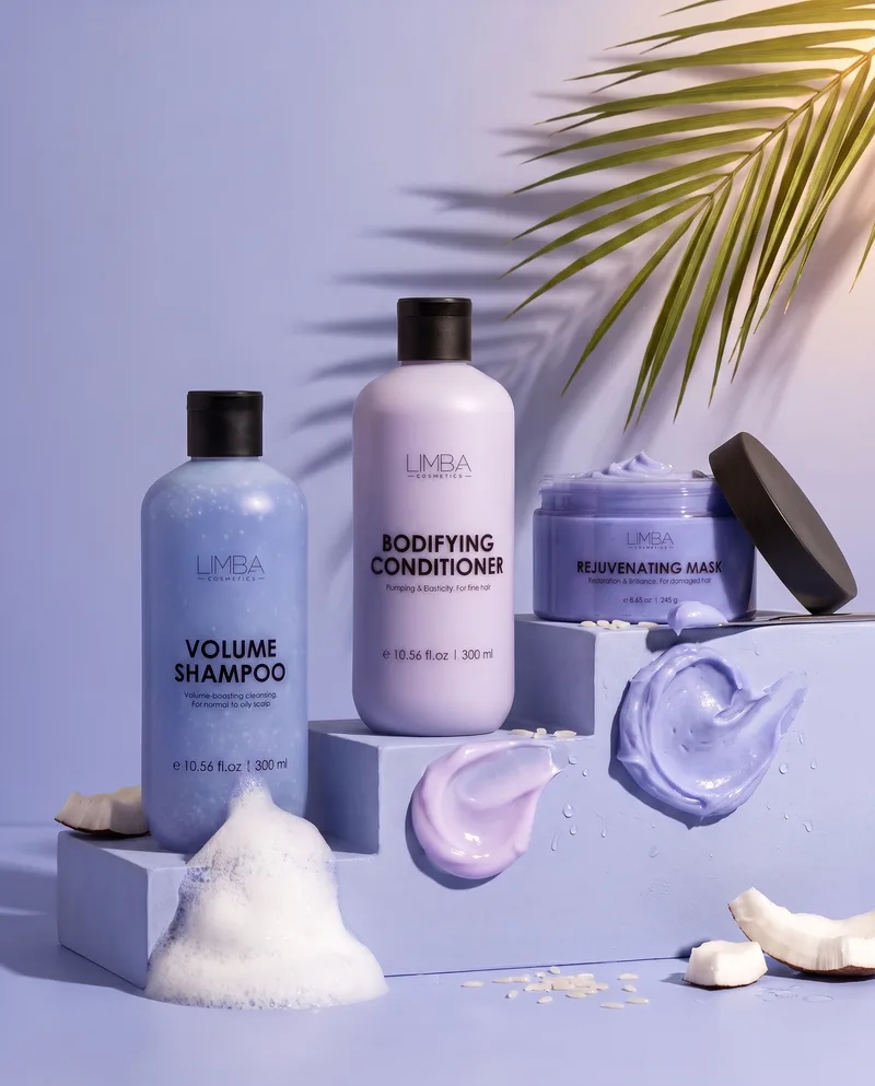Limba volume routine: Volume Shampoo, Bodifying Conditioner and Rejuvenating Mask on lilac steps with foam, coconut and rice